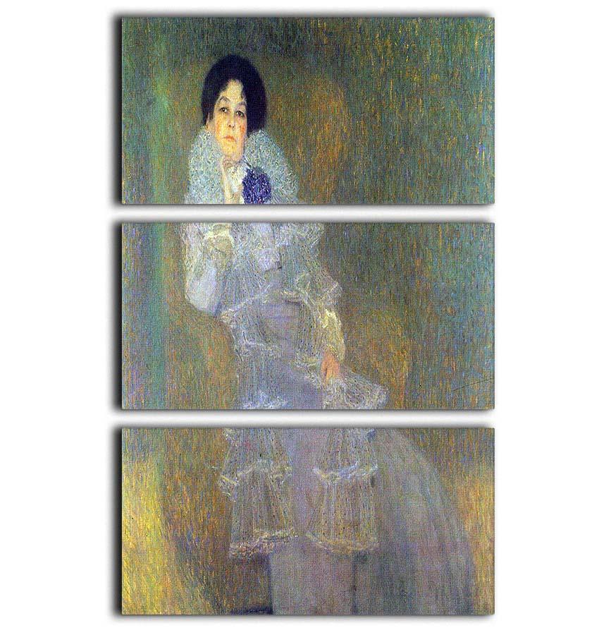 Three-panel canvas art featuring Gustav Klimt's Portrait of Marie Henneberg in vibrant purple hues, elegantly displayed.